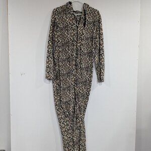 Loungeable Leopard Print Cat Fleece Onesie Pajamas Tan Black Size Large